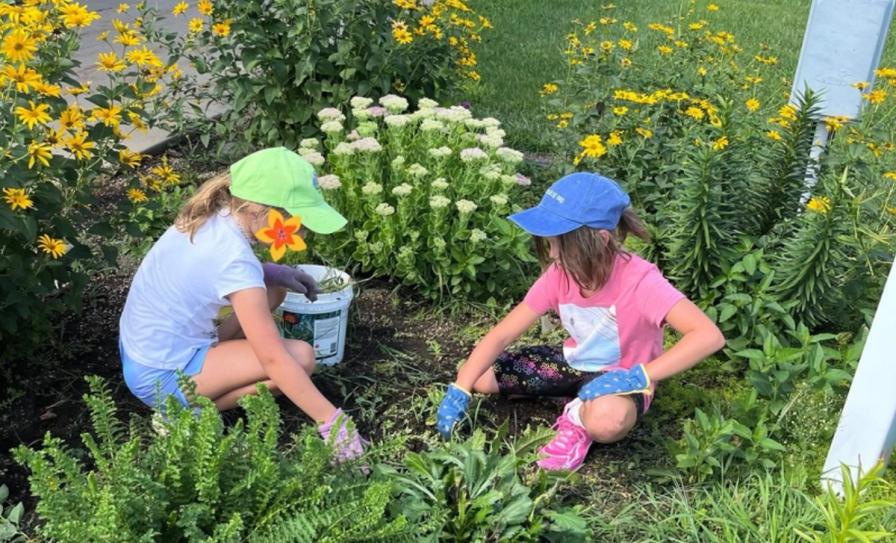 Two students weeding a flower bed in front of the school.