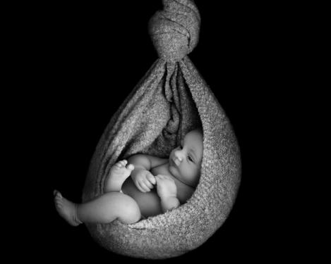Awake baby in a hanging womp wrap in black and white