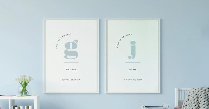Name poster with birth data of the child in minimalist design on light blue wall