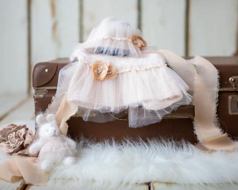 Very light salmon lace dress with bonnet and knitted bunny on antique brown case for newborn photography