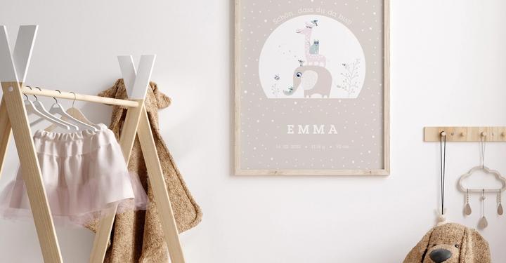 Name poster in wooden frame with beige children illustration in nursery