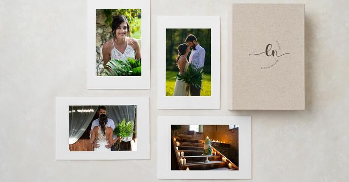 Passepartout box with monogram on the cover with 4 view pictures of a bride and groom