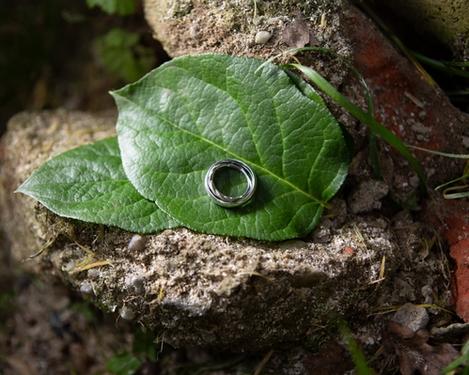 Silver coloured wedding rings on two green leaves on granite stone