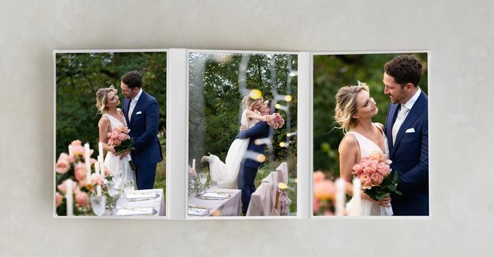 Opened triplex with three color pictures of a wedding couple