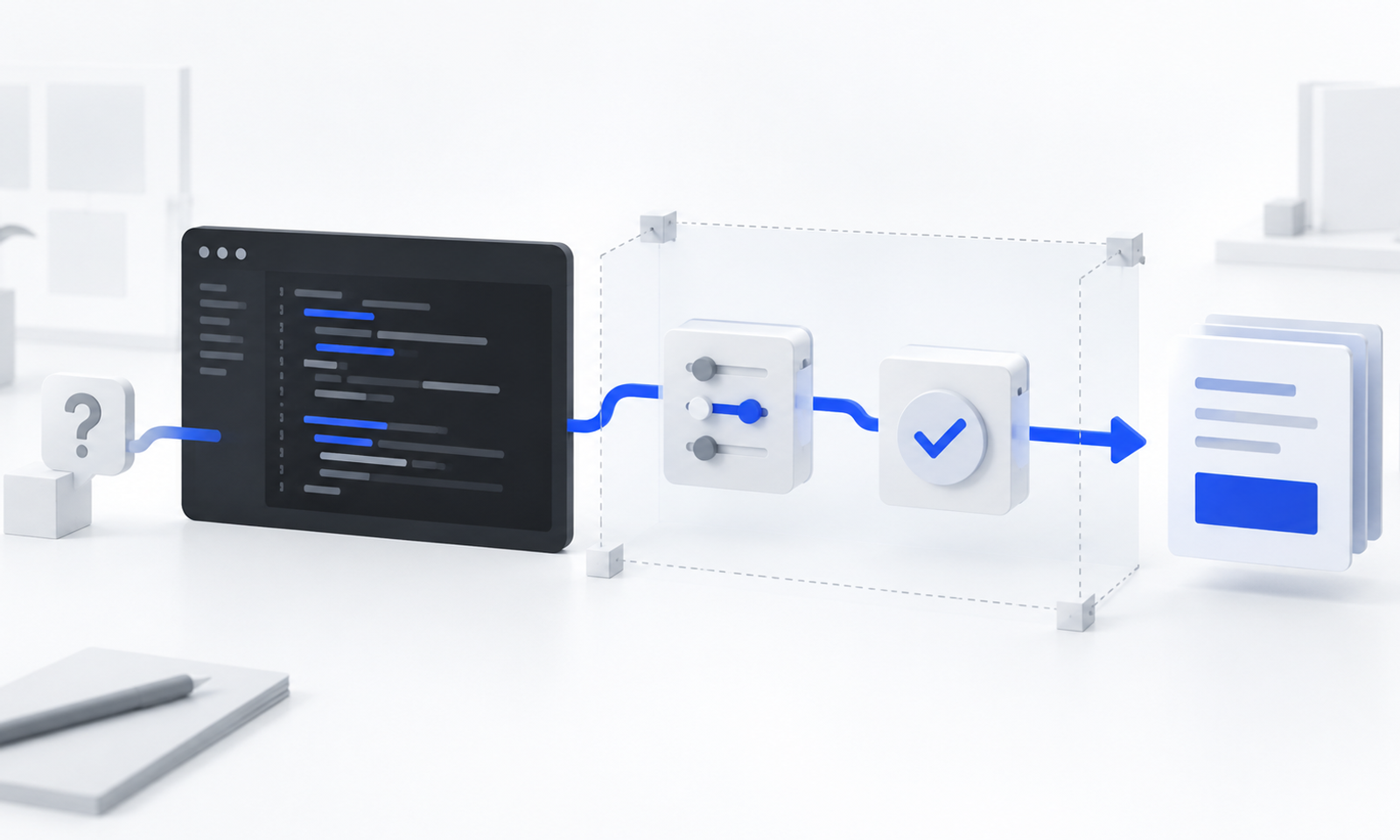 A dark code window connected by a blue path to permission controls, a verification checkpoint and an approved output.