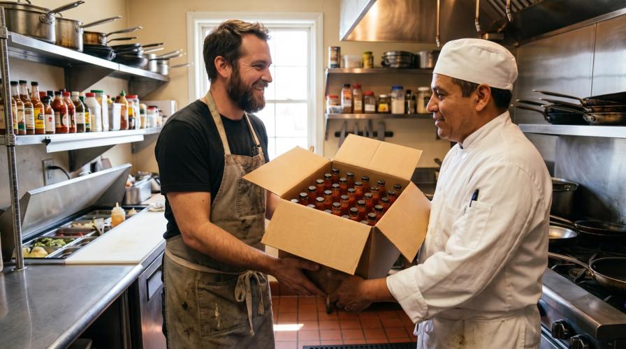Two men in a kitchen smiling as one hands the other a box filled with small bottles