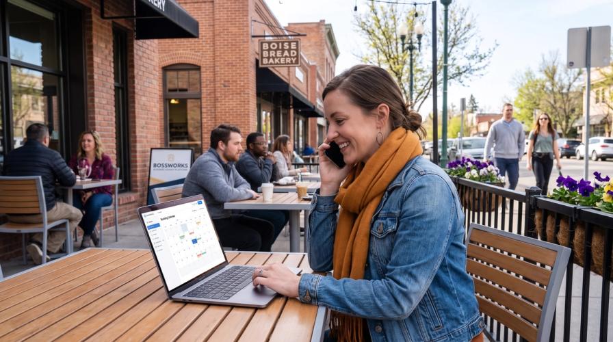 A woman at an outdoor cafe table uses a laptop while talking on her phone