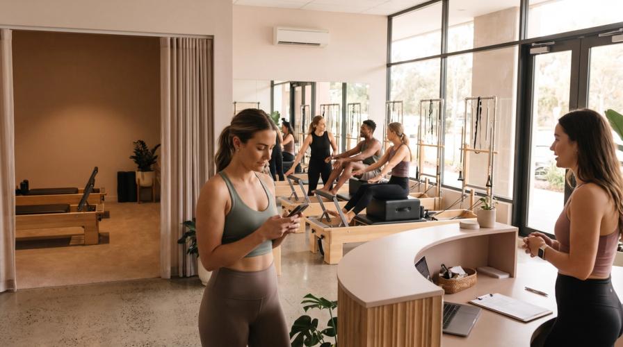 A woman looks at her phone in a pilates studio as another woman chats with a receptionist at the front desk.