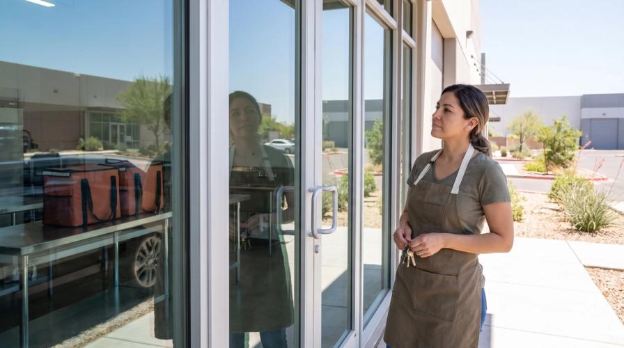 A woman in a green apron holding keys stands outside glass doors, reflecting her image.