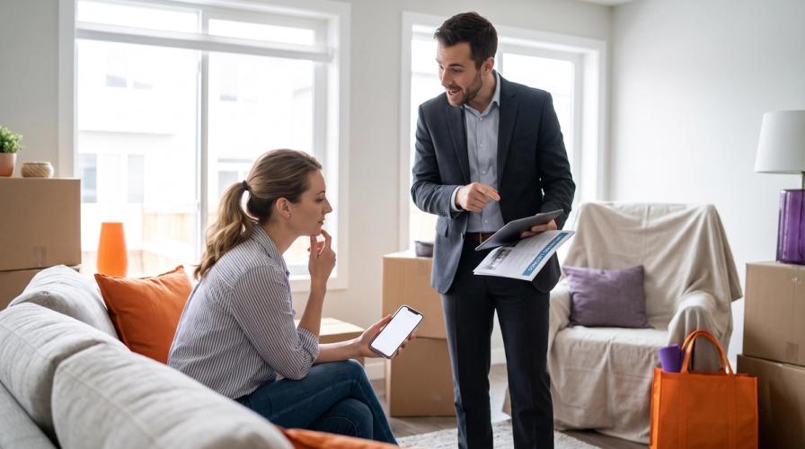 A real estate agent in a suit shows documents to a woman sitting on a couch with her phone in a room with moving boxes