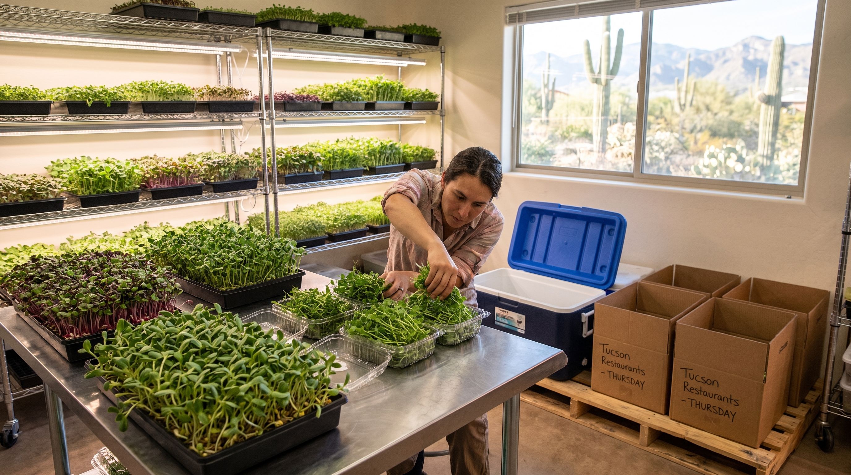 A person packs microgreens into containers at a metal table in a room with shelving and a window showing desert mountains.