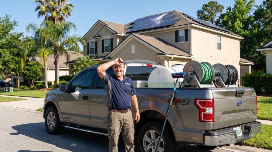 A man stands next to a gray Ford F-150 truck loaded with pressure washing equipment in front of a house with solar panels