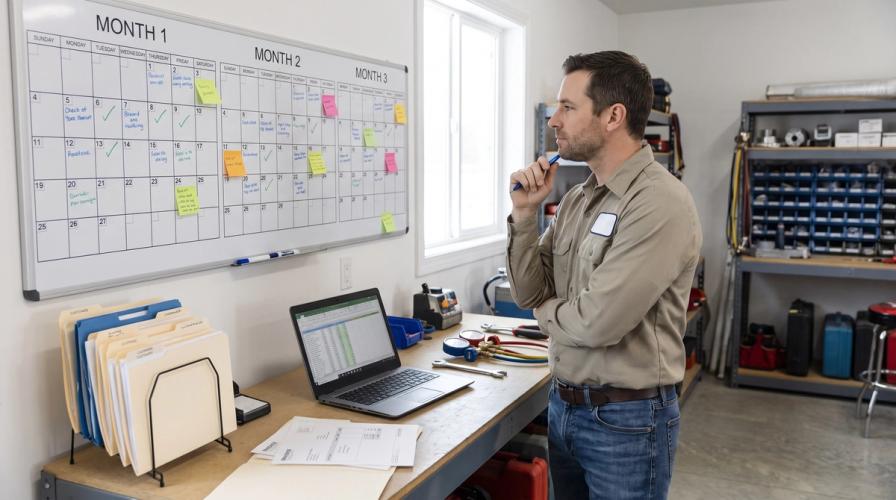 A technician in a tan shirt and jeans looks at a three-month calendar in a workshop