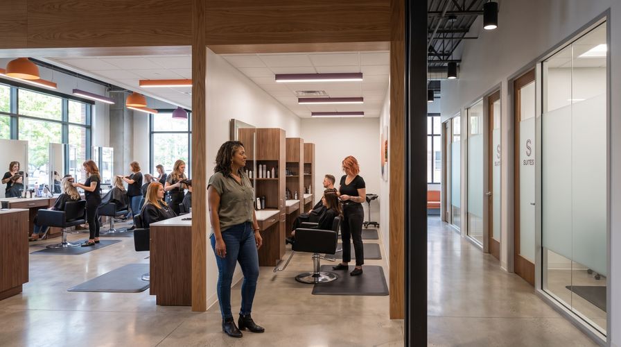 A woman in blue jeans and a green top stands in a modern salon as stylists work with clients