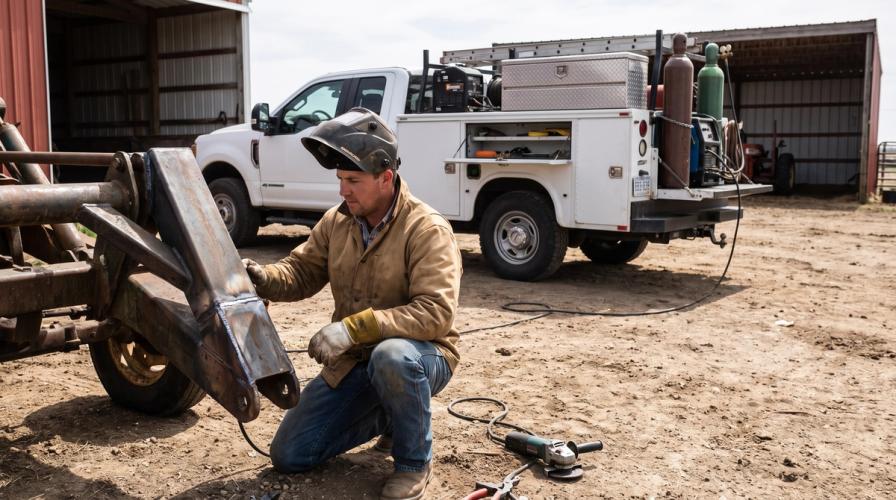 A welder in a tan jacket kneels beside farm equipment, inspecting his work with a welding truck parked in the background