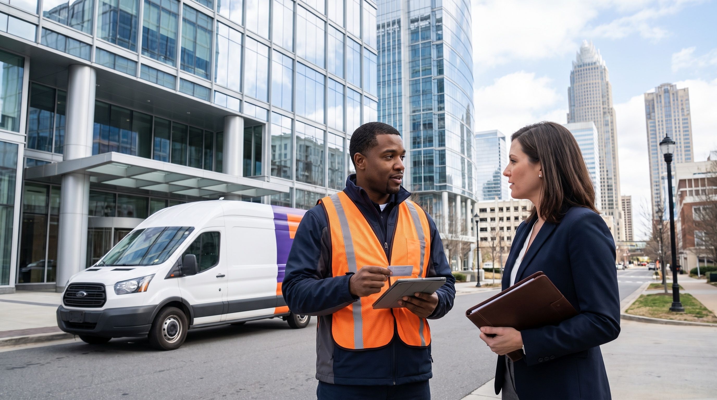 A courier in an orange vest speaks with a woman holding a folder outside a modern office building.