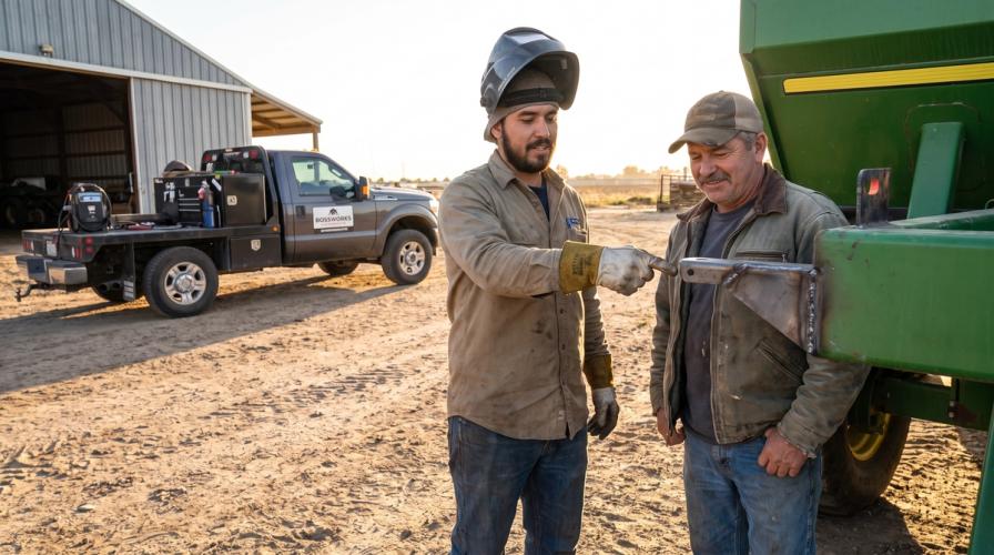 A welder with a welding helmet and a farmer inspect a welded hitch on a green farm vehicle, with a pickup truck in the background.