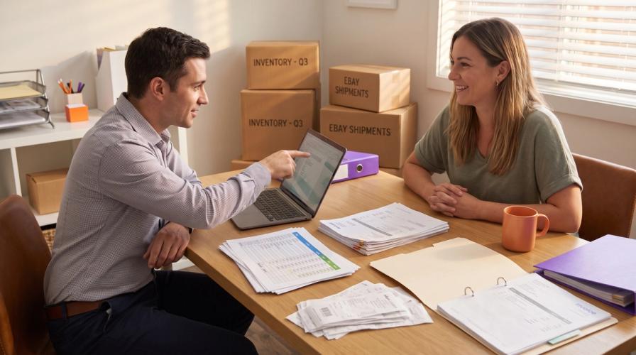 An accountant points to a laptop screen for a smiling client across a desk with documents, receipts, and inventory boxes in the background