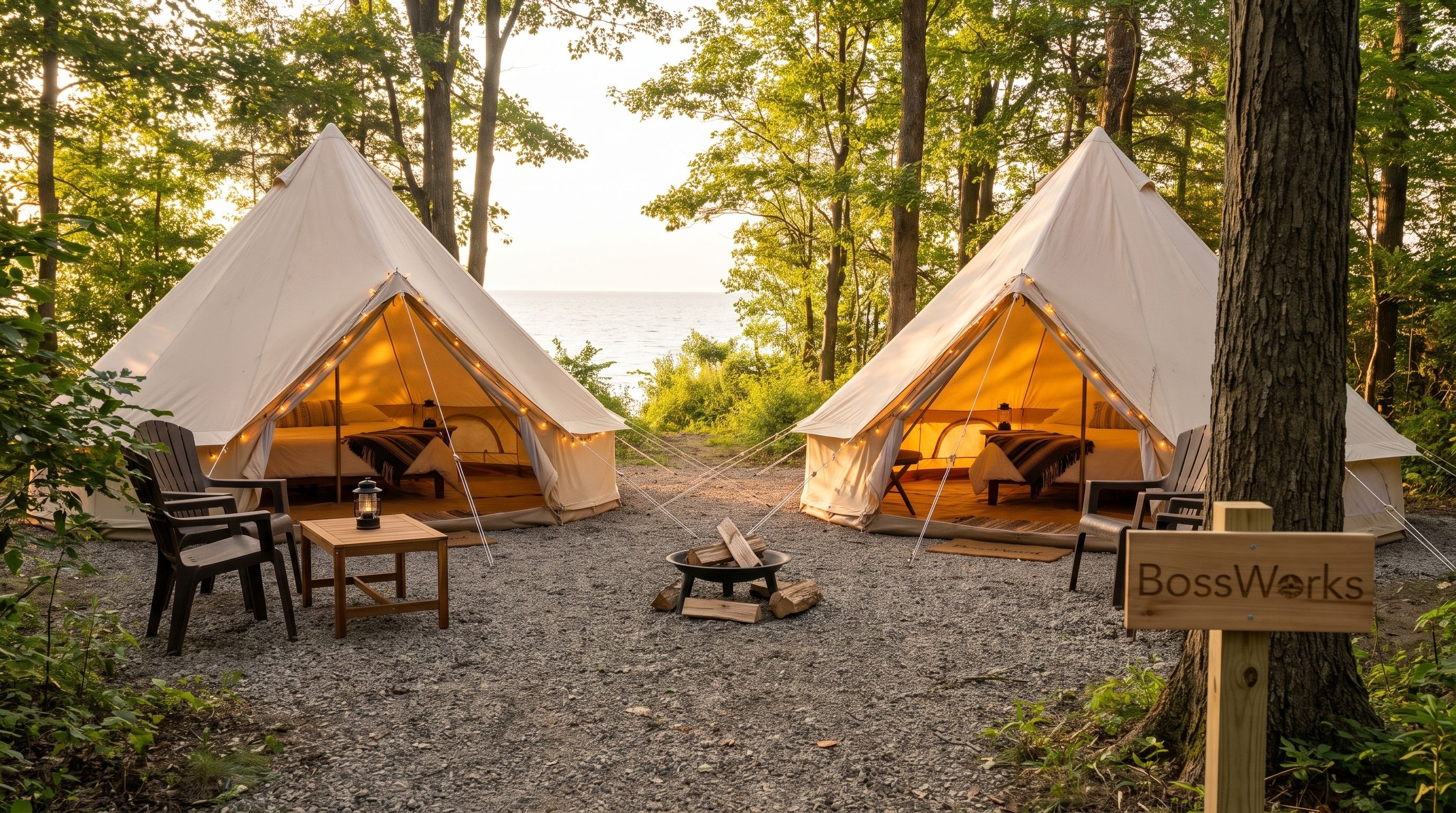 Two lit canvas glamping tents stand in a wooded campsite with a small fire pit, chairs, and a "BossWorks" sign.