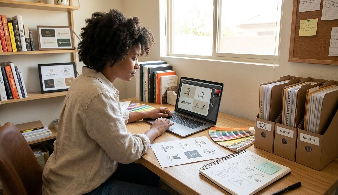 A woman designs brand logos on a laptop at a wooden desk with color swatches and folders