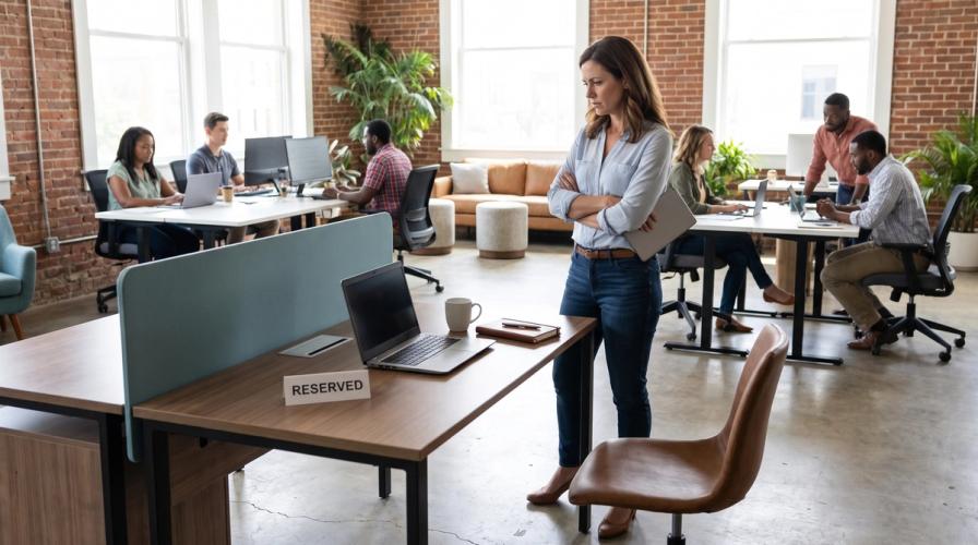A woman with crossed arms stands by a reserved desk with a laptop, as others work in an office background