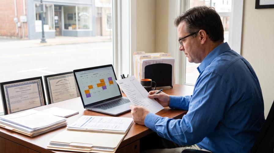 A man in a blue shirt sits at a desk reviewing a checklist while looking at a laptop.