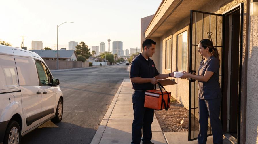 A courier in a blue uniform delivers a package to a woman at a clinic doorway by a white van.