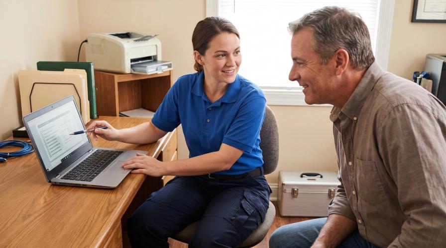 A female technician in a blue polo shirt points at a laptop screen, explaining a digital checklist to a smiling male client in an office.