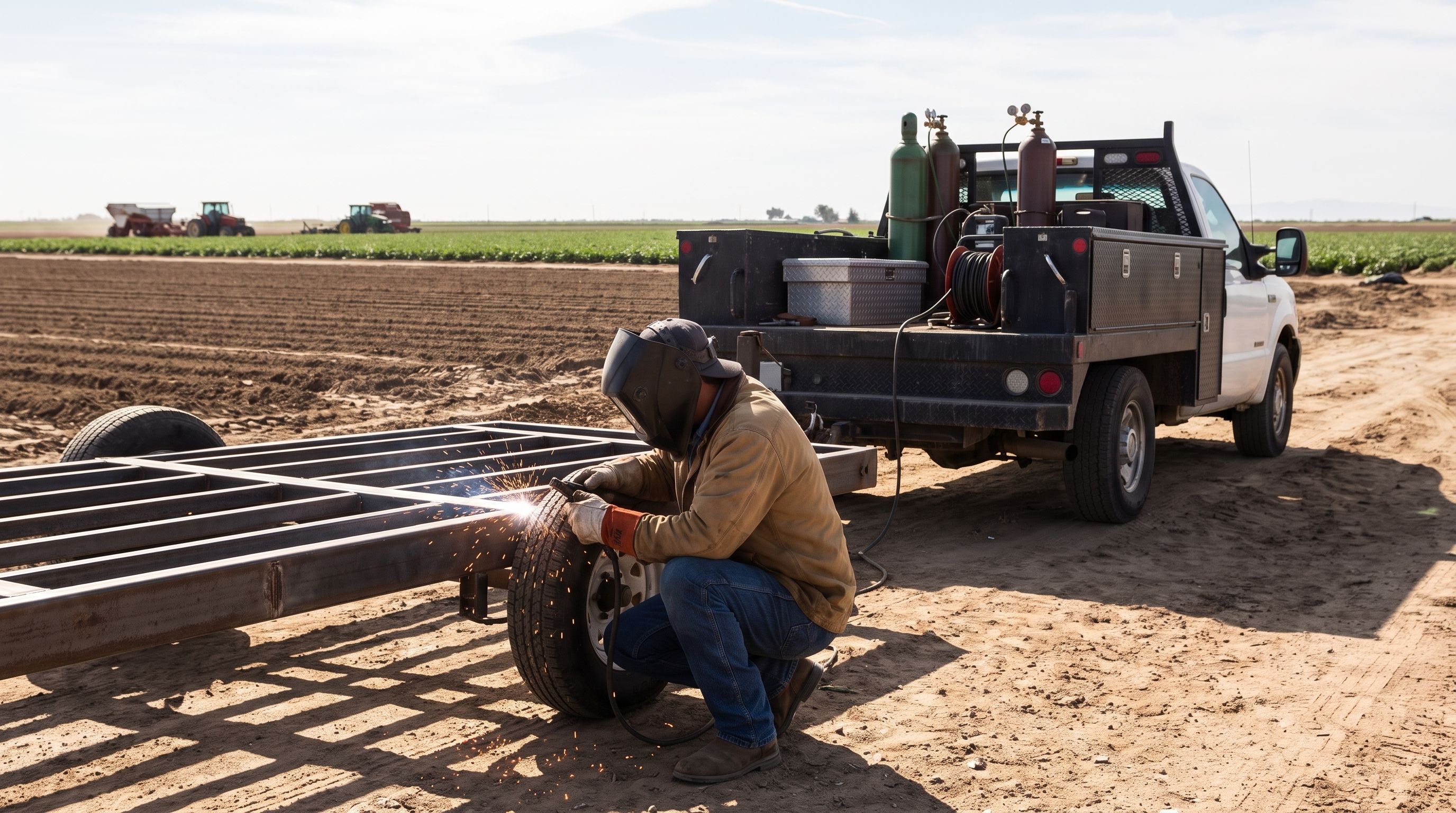 A welder wearing a mask crouches to repair a metal trailer next to a service truck in a field