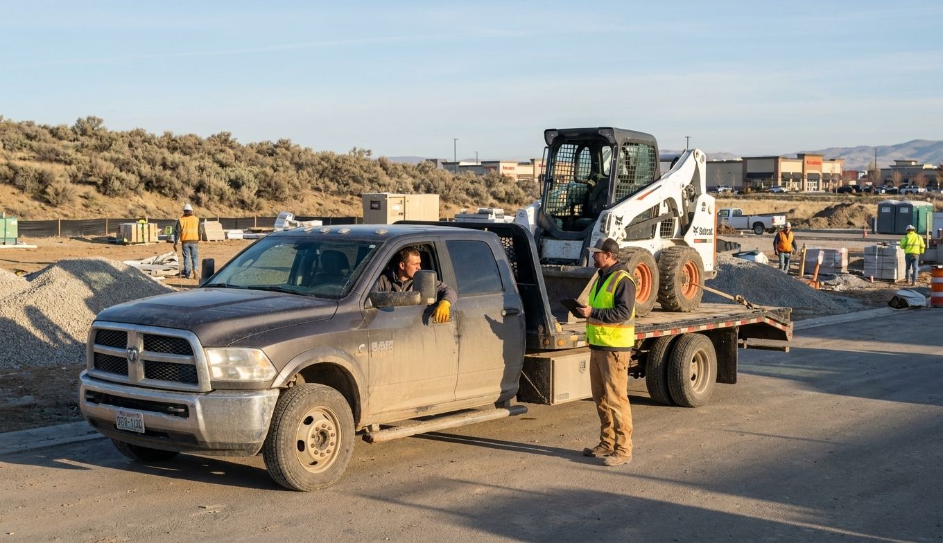 A dark pickup truck pulls a flatbed trailer carrying a small white skid steer at a construction site