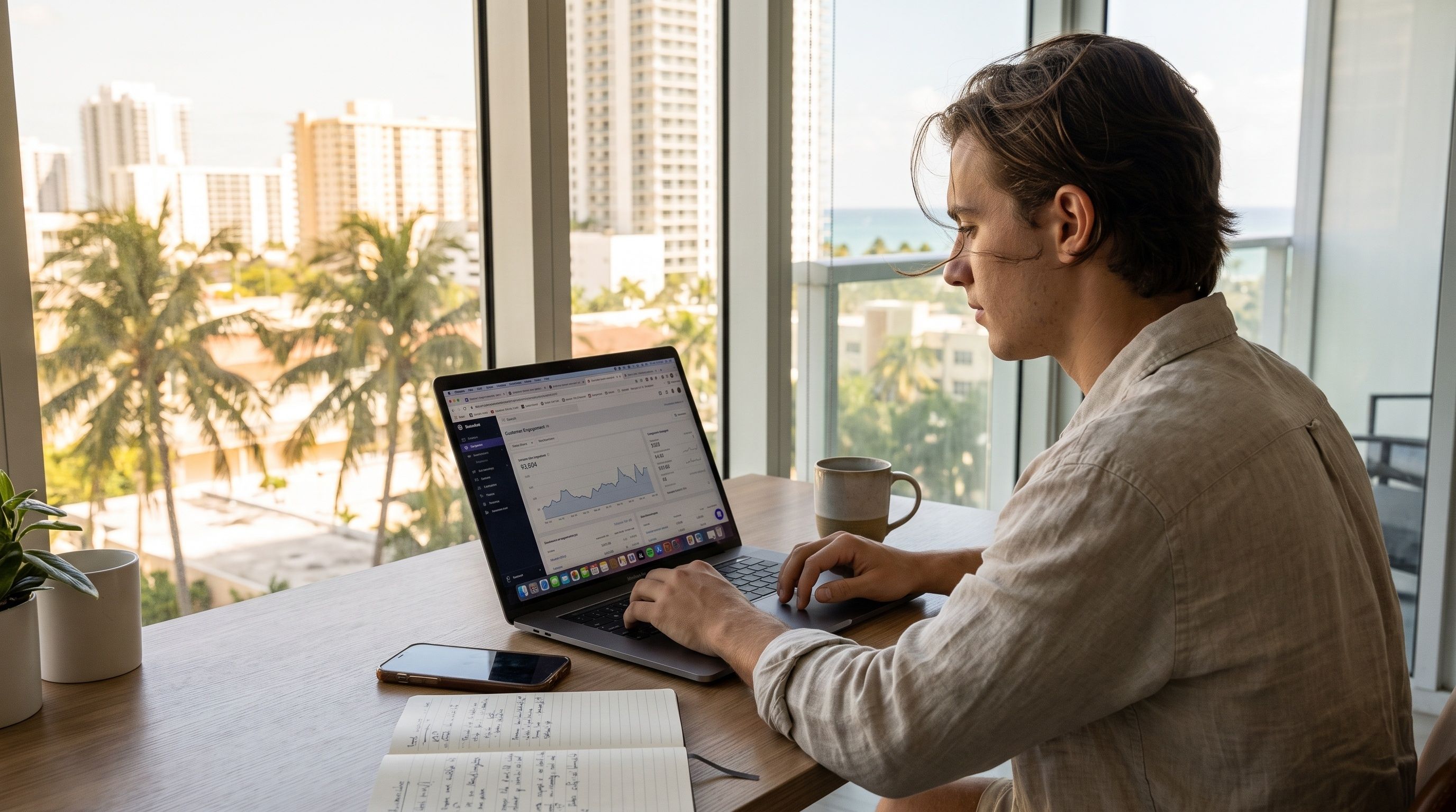 A man in a beige shirt types on a laptop at a desk with a notebook, smartphone, and coffee mug, overlooking a sunny city and palm trees.