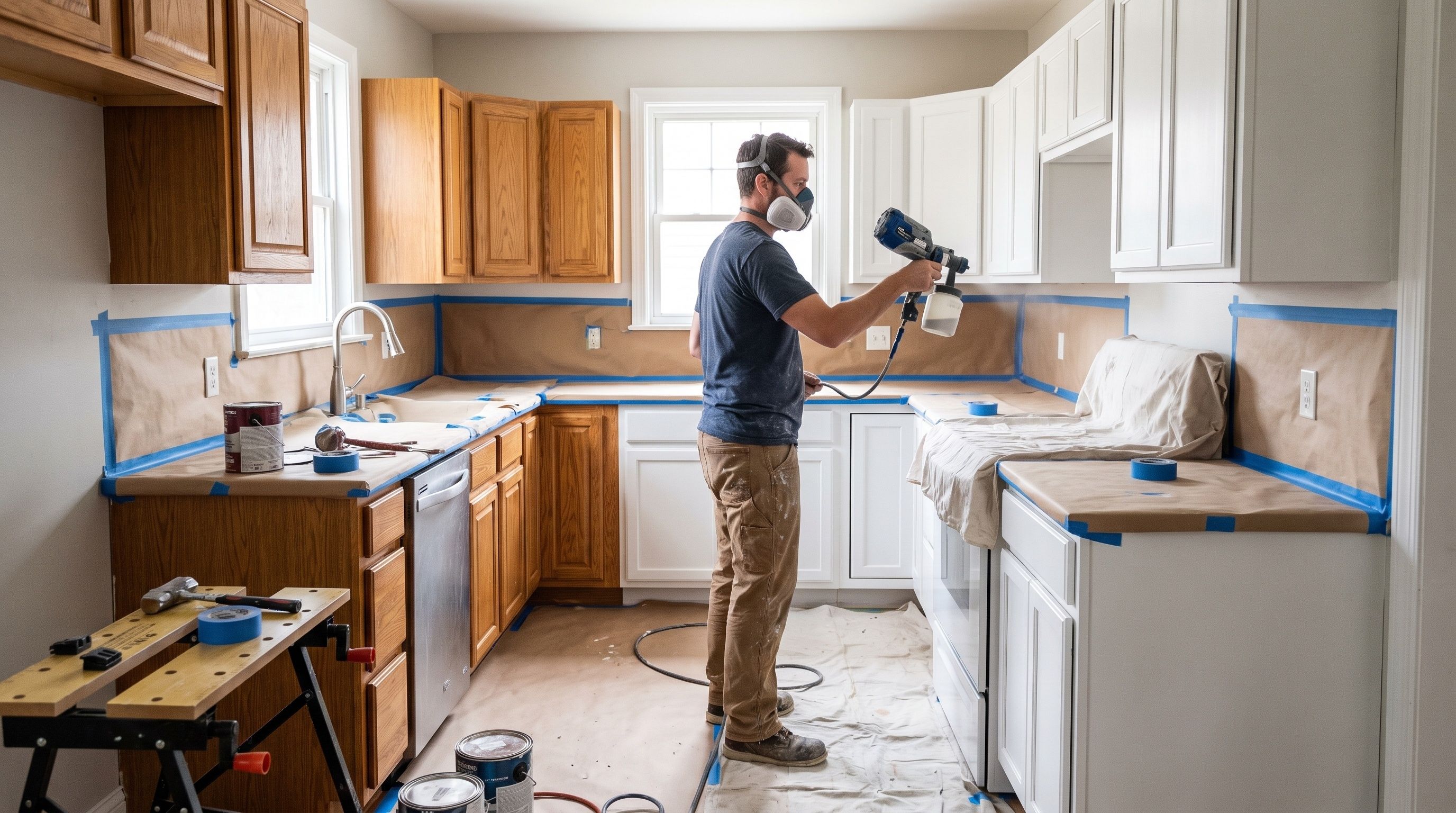 A man in a respirator uses a paint sprayer on cabinets in a half-painted kitchen.