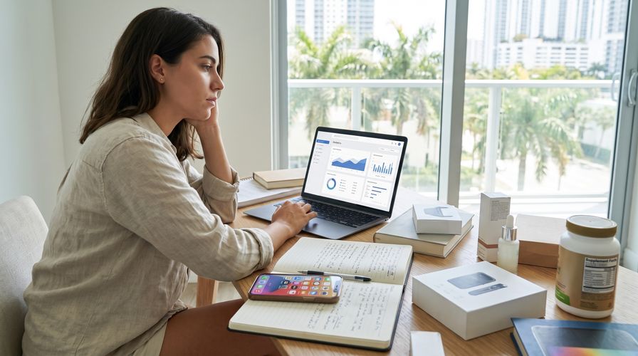 A woman in a beige shirt sits at a wooden desk with a laptop, smartphone, and product boxes.
