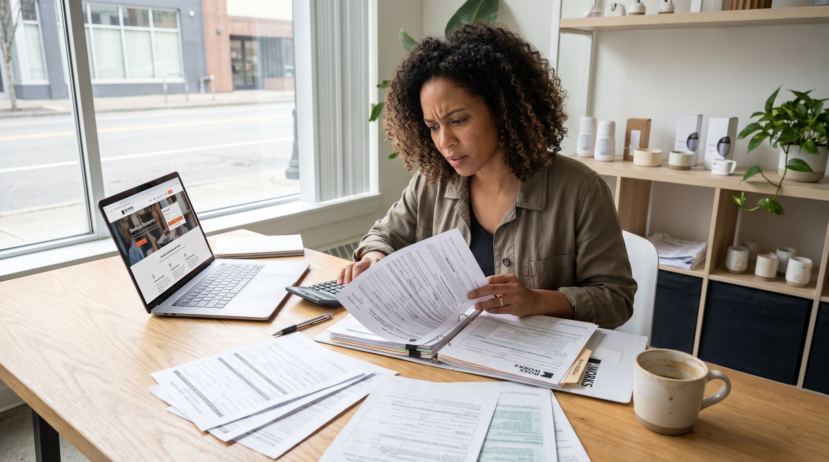 A woman with curly brown hair examines official-looking paperwork at a wooden desk with a laptop, coffee mug, and calculator