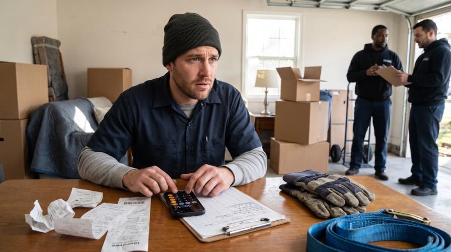A man in a beanie uses a calculator among receipts and moving gear as two workers stand in the background.