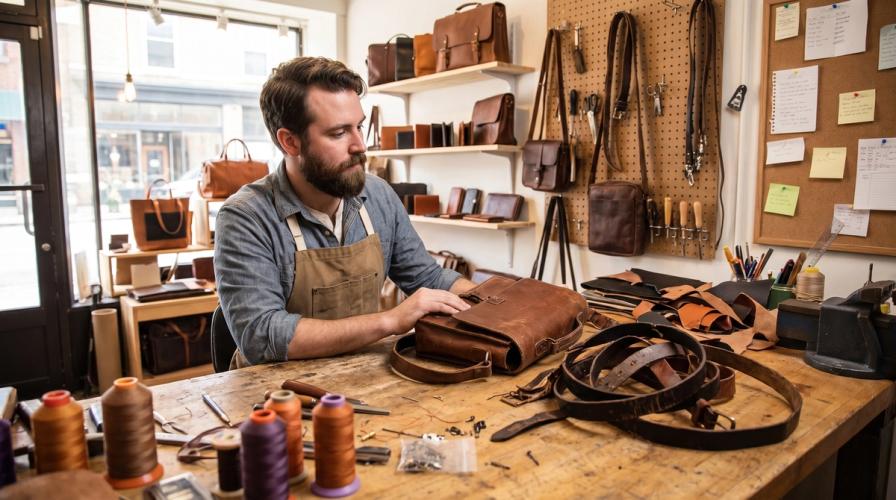 A bearded leather craftsman inspects a leather bag on a cluttered workbench in his workshop filled with leather goods