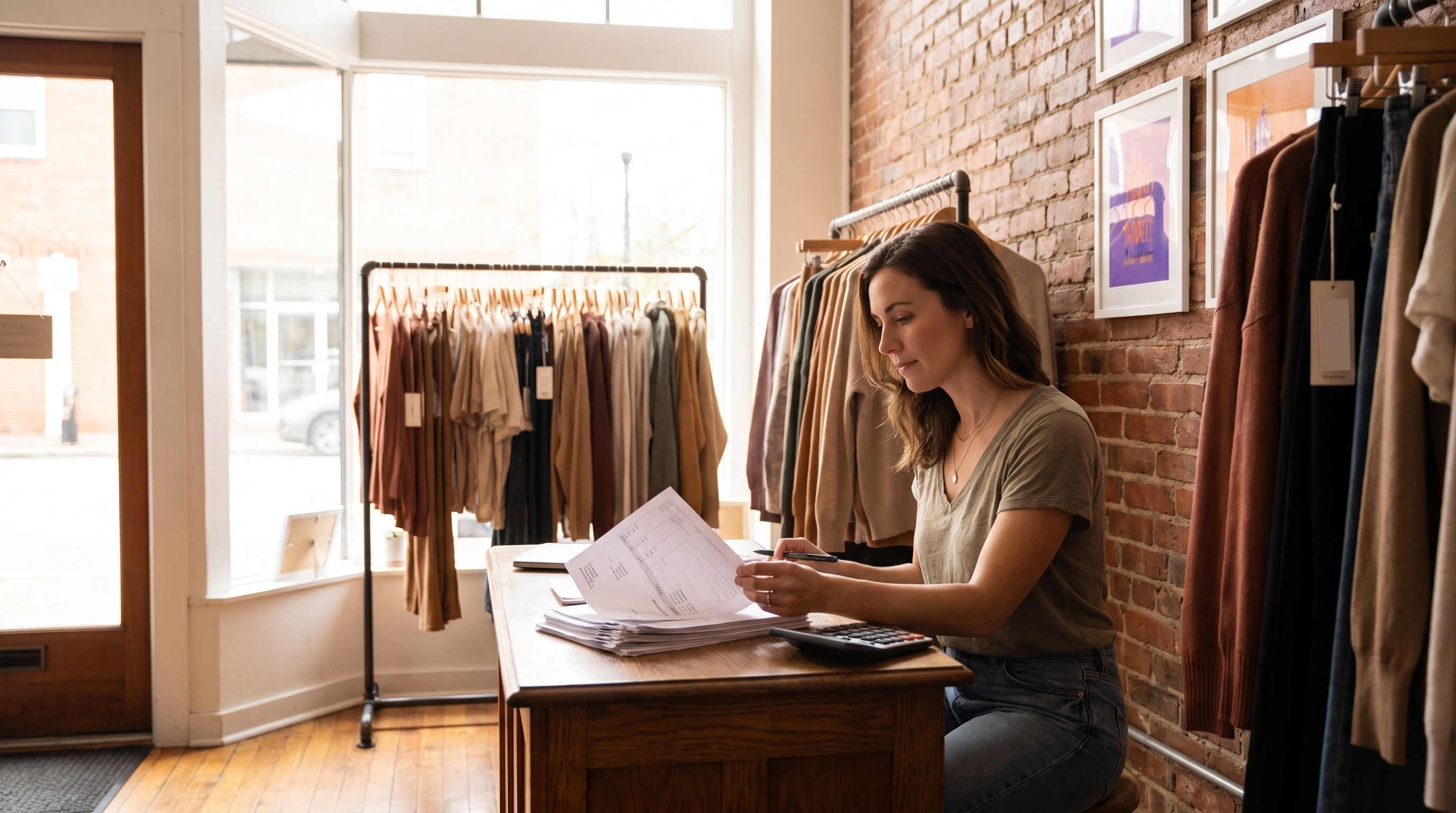 A woman reviews wholesale invoices and a calculator at a wooden desk in a clothing boutique