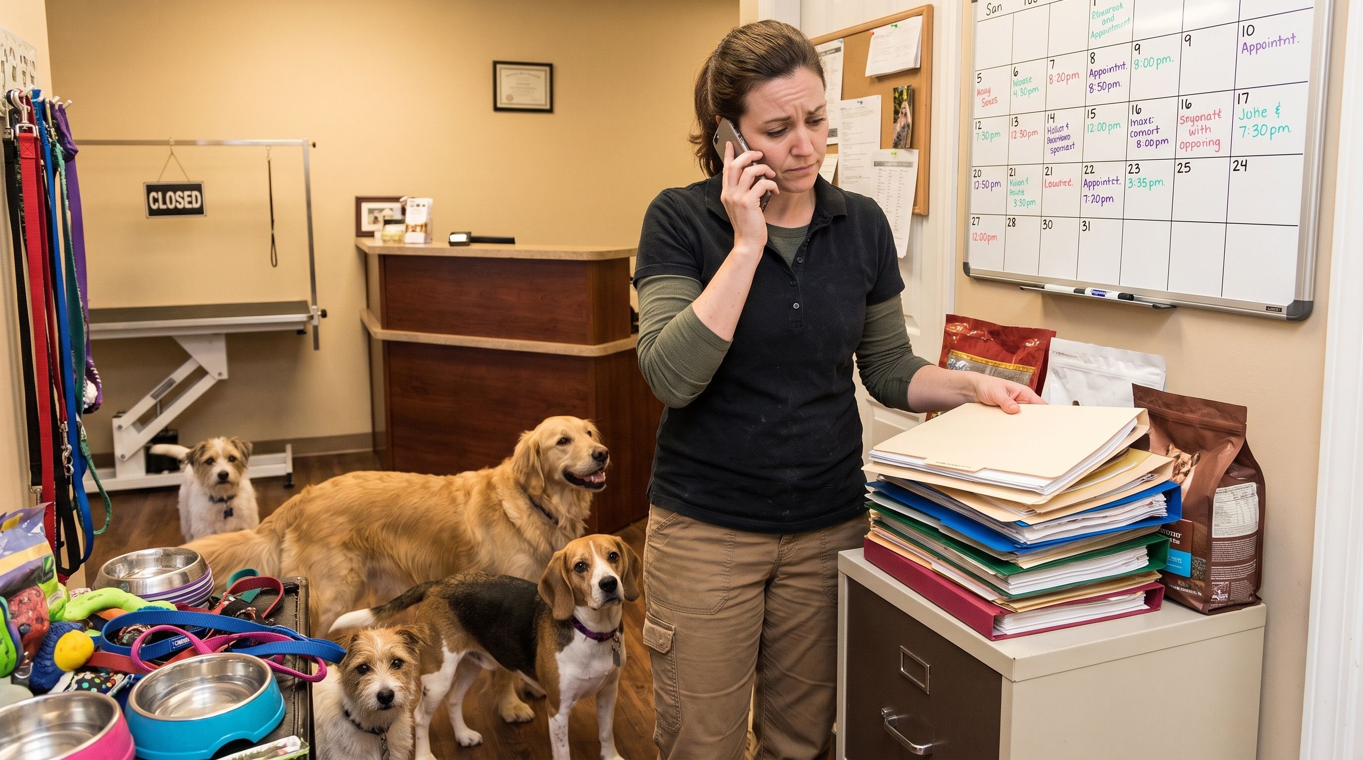A woman on her phone organizes folders near a calendar and dogs in a pet care shop.