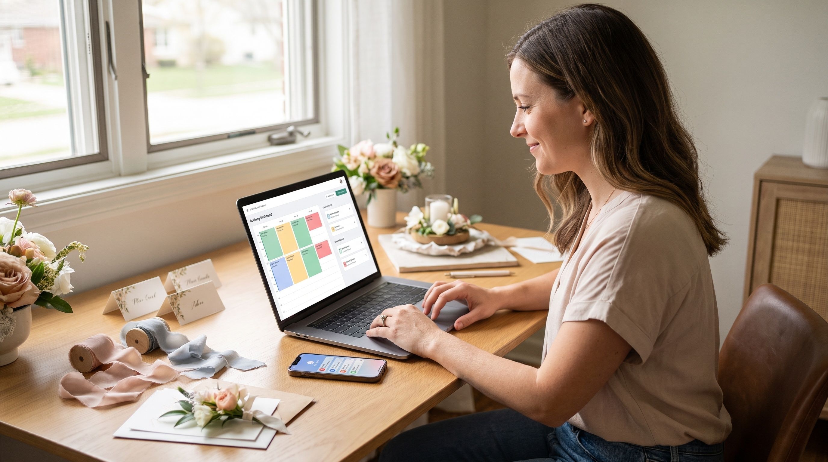 A woman works on a laptop showing a Booking Dashboard in a sunlit home office with floral arrangements.