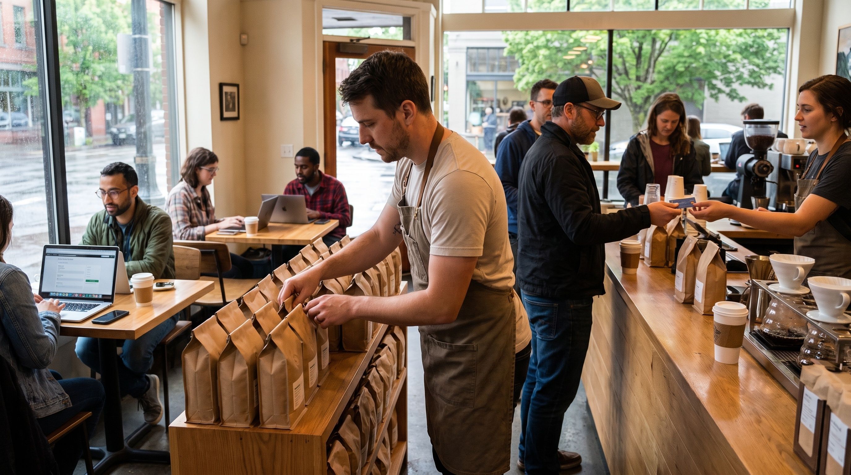 A barista arranges bags of coffee on a shelf in a busy Portland coffee shop while customers sit and order.