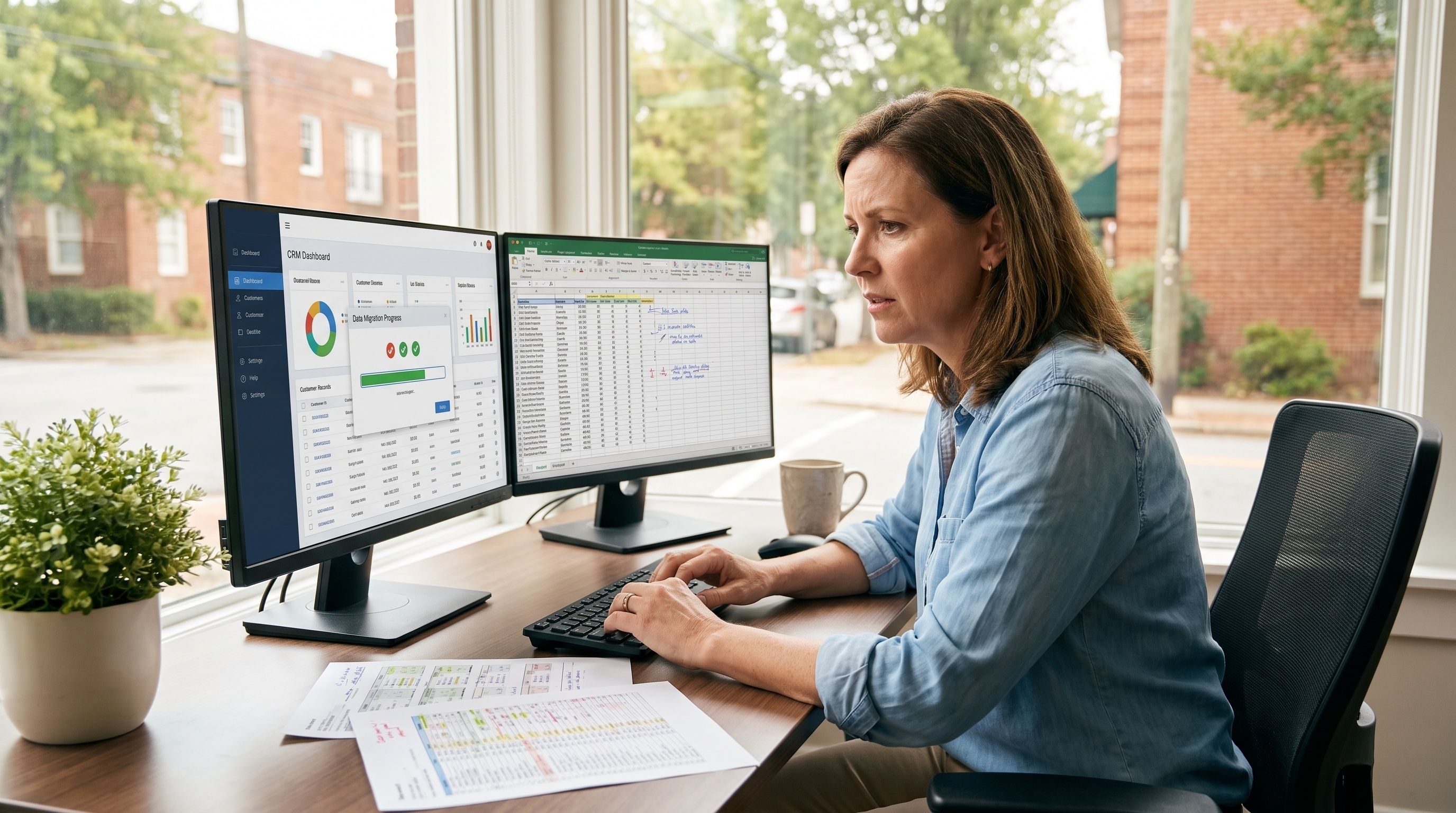 A woman in a blue shirt works at her dual-monitor desk reviewing a CRM dashboard and spreadsheet