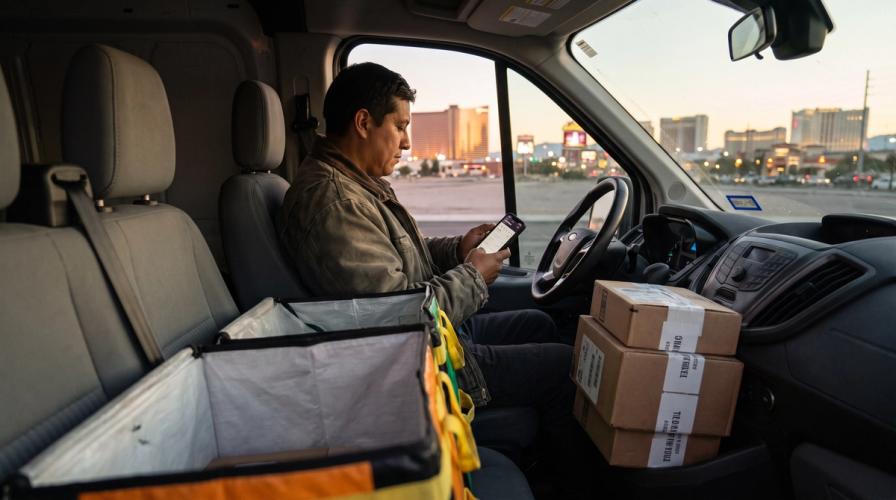 A delivery driver sits in a parked van, looking at his phone with packages and delivery bags nearby.