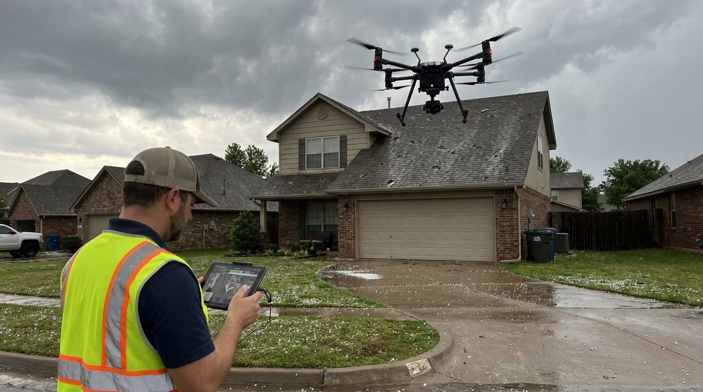 An insurance adjuster in a yellow vest flies a drone to inspect a hail-damaged roof in a suburb