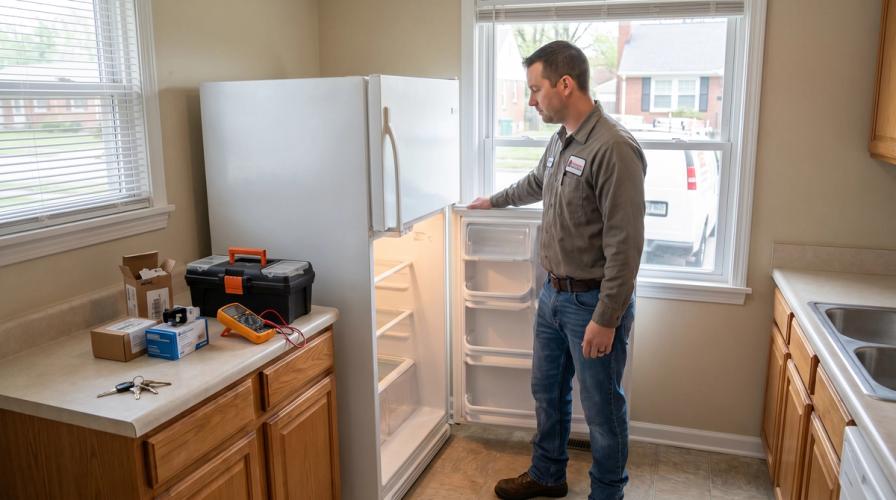 A repair technician in a grey shirt stands by an open white refrigerator in a kitchen with tools on the counter