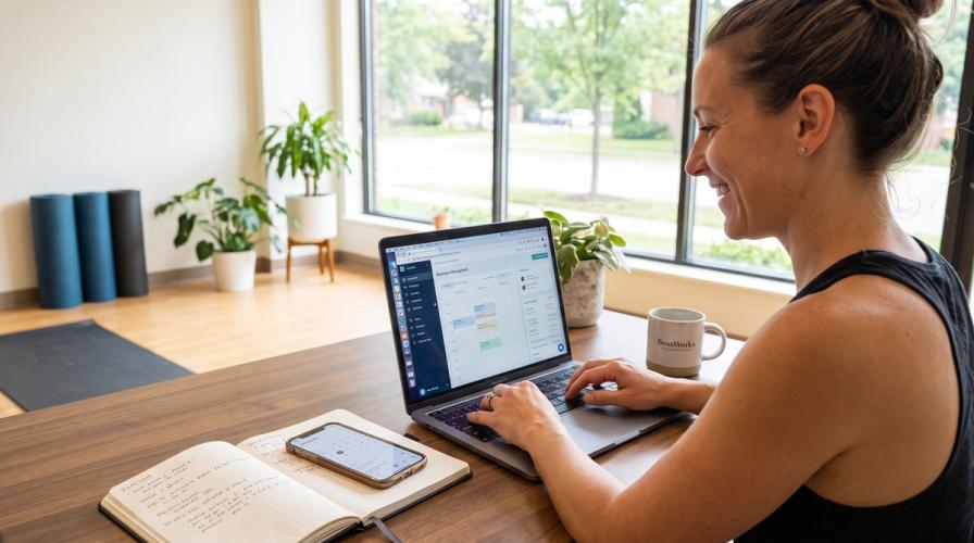 A woman smiling while typing on her laptop at a wooden desk in a wellness studio.