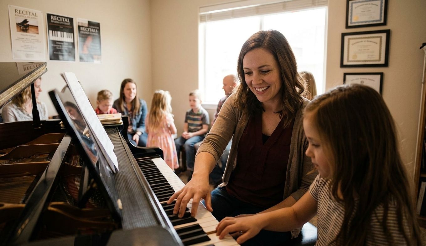 A smiling piano teacher guides a young girl's hands at a grand piano while several students wait in a room decorated with recital posters.
