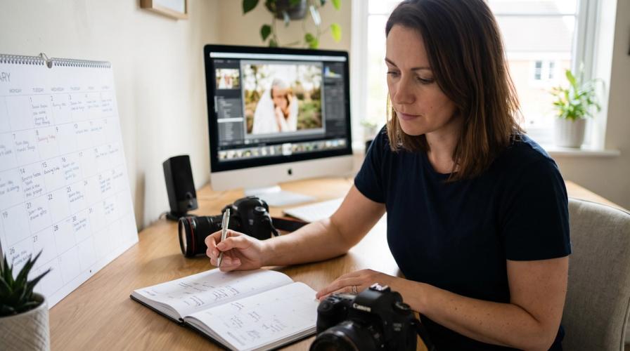 A woman in a blue shirt writes in a planner at a desk with a camera and computer.