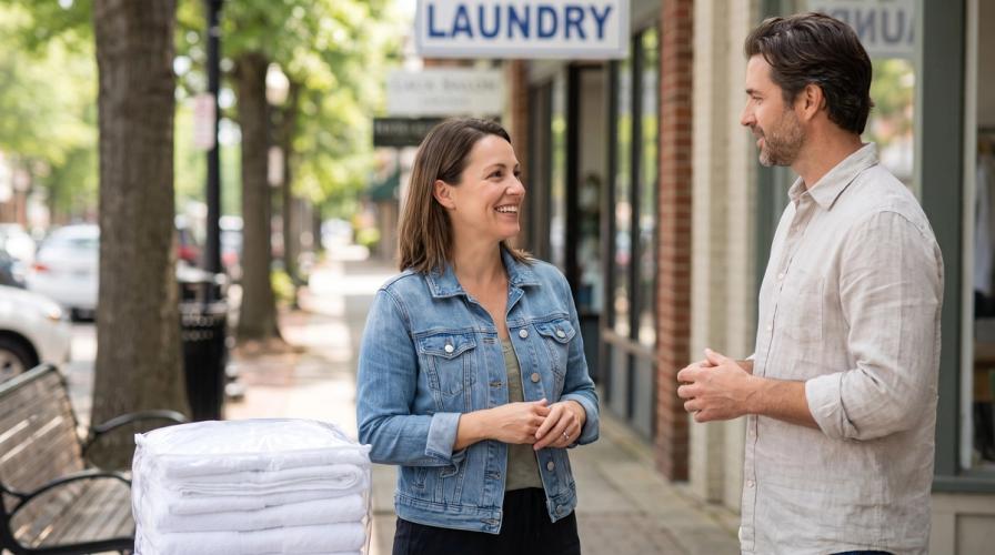 A smiling woman in a denim jacket chats with a man outside a "Laundry" storefront with folded towels nearby