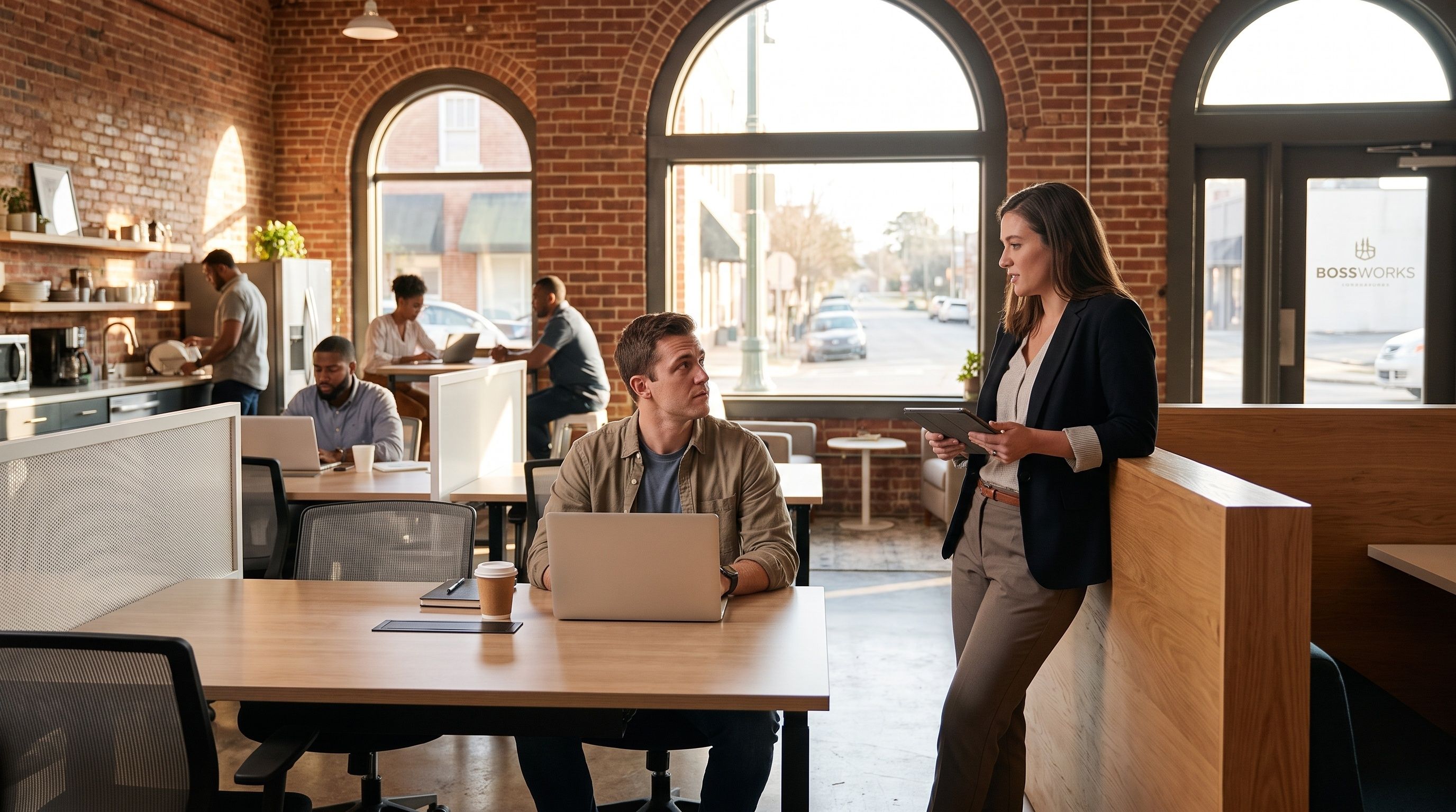 A woman leans against a divider talking to a man working on his laptop in a coworking space.