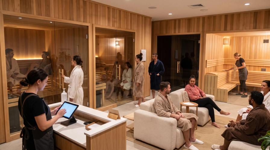Receptionist uses a tablet in a busy sauna wellness studio as guests relax in robes and saunas in the background